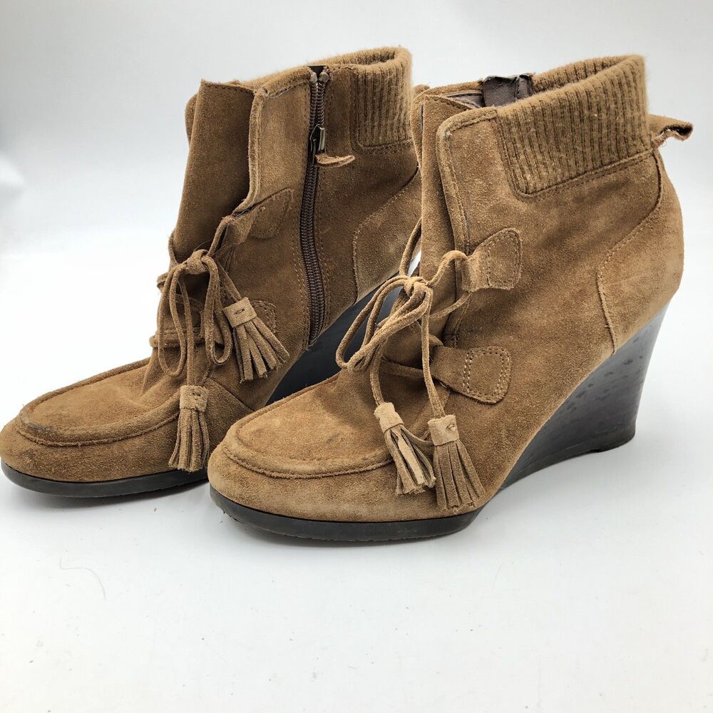 Franco Sarto Westerly Booties Tassel Wedges Brown Suede Size 10 M